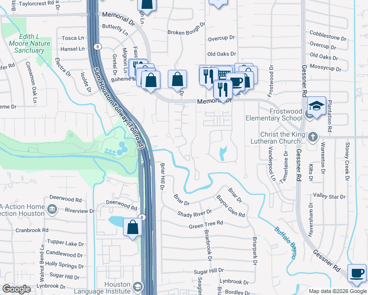 map of restaurants, bars, coffee shops, grocery stores, and more near 12625 Memorial Drive in Houston