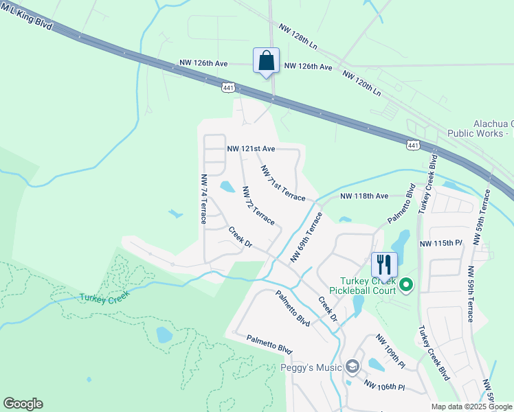 map of restaurants, bars, coffee shops, grocery stores, and more near 11715 Northwest 72 Terrace in Alachua