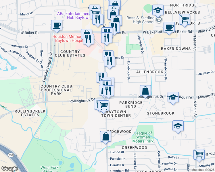 map of restaurants, bars, coffee shops, grocery stores, and more near 3700 Garth Road in Baytown