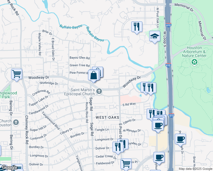 map of restaurants, bars, coffee shops, grocery stores, and more near 5120 Woodway Drive in Houston