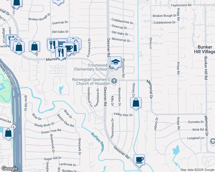 map of restaurants, bars, coffee shops, grocery stores, and more near 310 Gessner Road in Houston