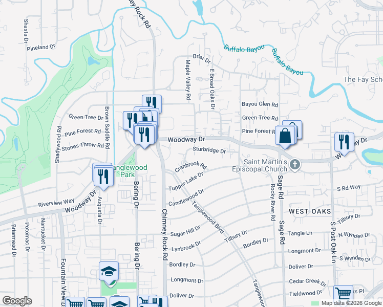 map of restaurants, bars, coffee shops, grocery stores, and more near 5517 Sturbridge Drive in Houston