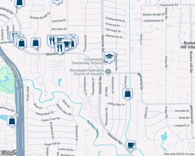 map of restaurants, bars, coffee shops, grocery stores, and more near 310 Tamerlaine Drive in Houston