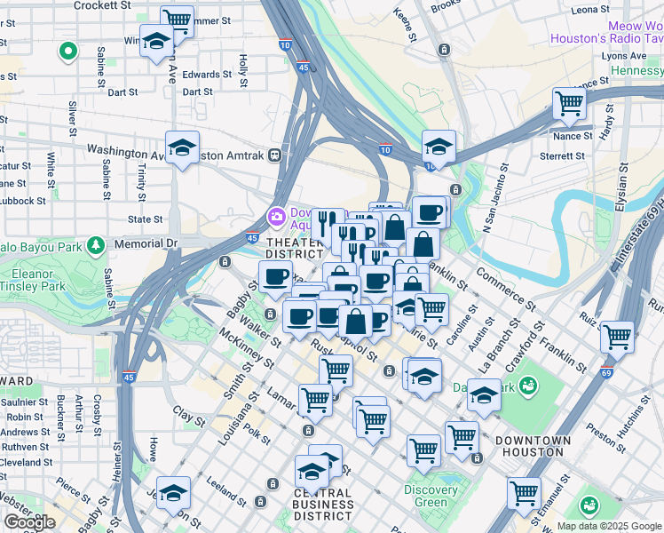 map of restaurants, bars, coffee shops, grocery stores, and more near 419 Louisiana Street in Houston
