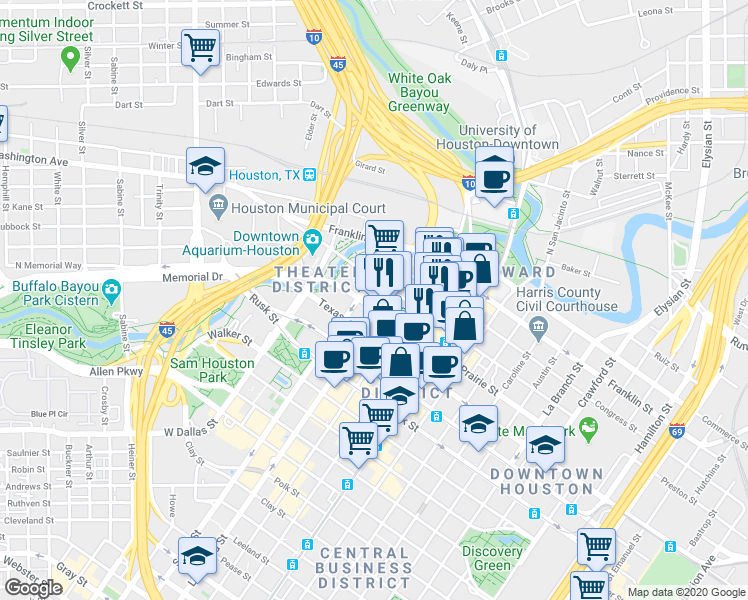 map of restaurants, bars, coffee shops, grocery stores, and more near 440 Louisiana Street in Houston