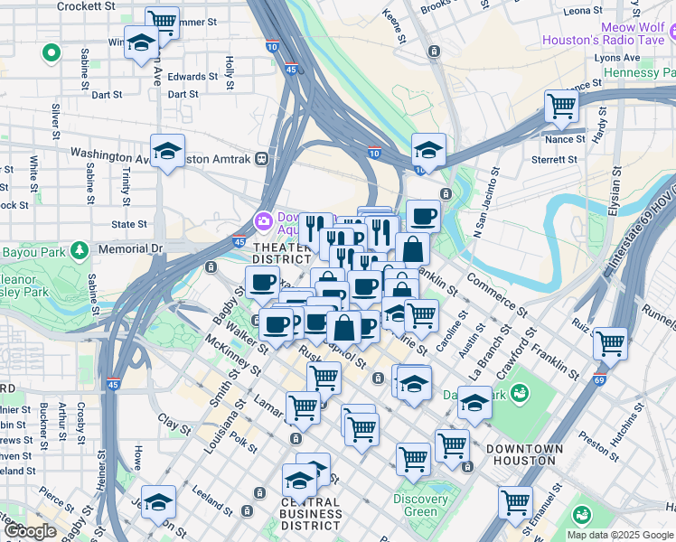 map of restaurants, bars, coffee shops, grocery stores, and more near 419 Louisiana Street in Houston