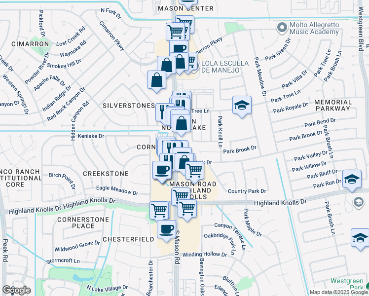 map of restaurants, bars, coffee shops, grocery stores, and more near 1201 Mason Road in Katy