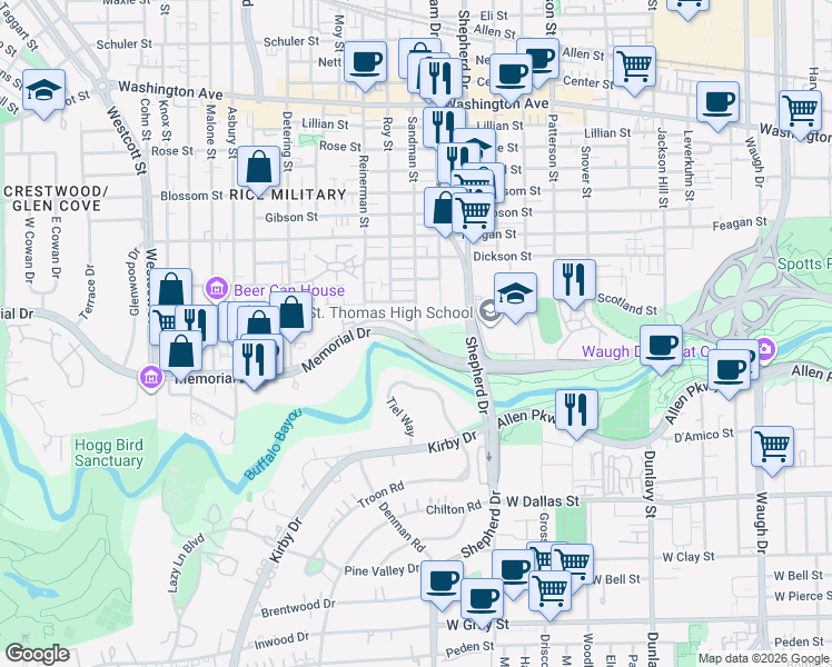 map of restaurants, bars, coffee shops, grocery stores, and more near 4845 Memorial Drive in Houston