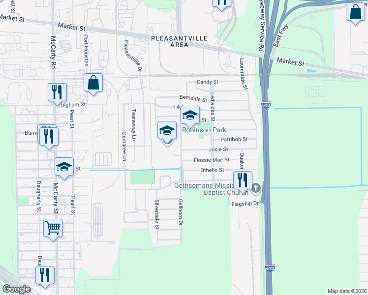 map of restaurants, bars, coffee shops, grocery stores, and more near 8603 Josie Street in Houston