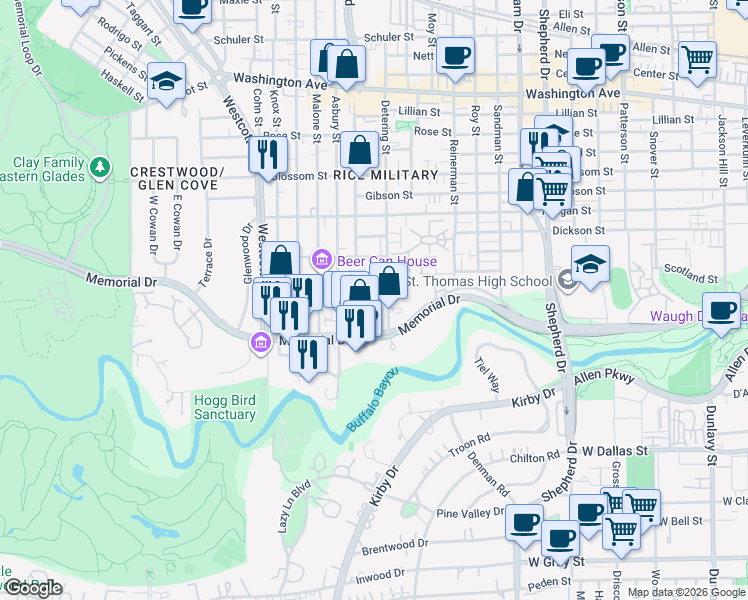map of restaurants, bars, coffee shops, grocery stores, and more near 5401 Crooms Street in Houston