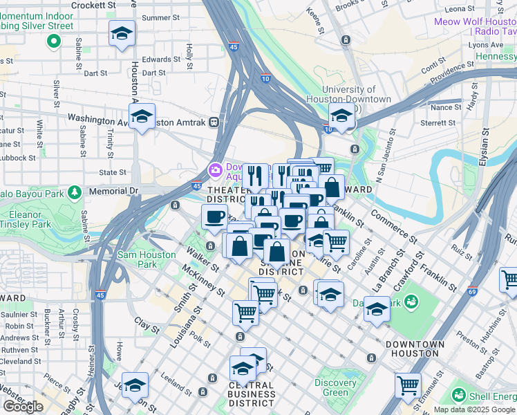map of restaurants, bars, coffee shops, grocery stores, and more near 419 Louisiana Street in Houston