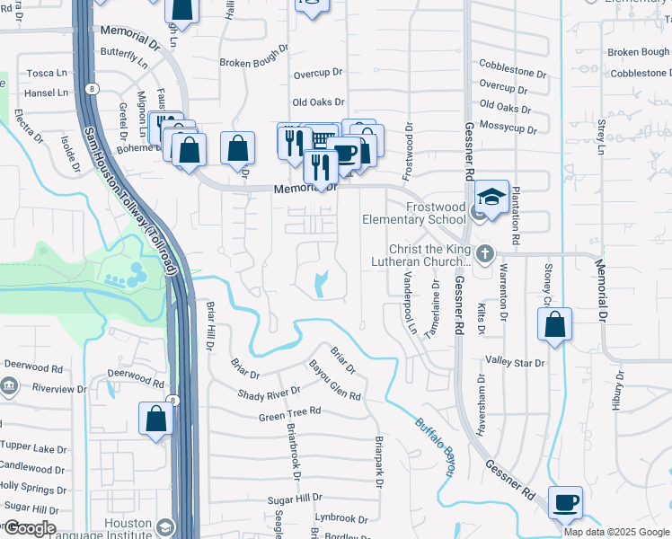 map of restaurants, bars, coffee shops, grocery stores, and more near 203 Paul Revere Drive in Houston