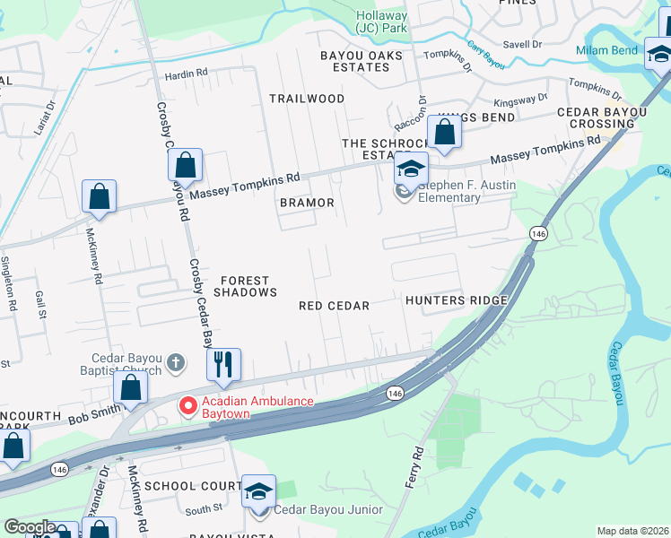 map of restaurants, bars, coffee shops, grocery stores, and more near 3514 Red Cedar Bend in Baytown