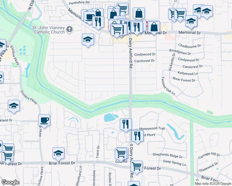 map of restaurants, bars, coffee shops, grocery stores, and more near 310 Pinesap Drive in Houston