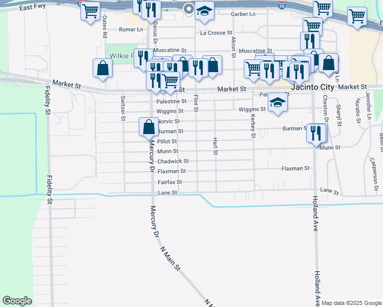 map of restaurants, bars, coffee shops, grocery stores, and more near 10426 Munn Street in Houston