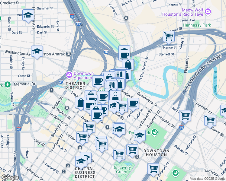 map of restaurants, bars, coffee shops, grocery stores, and more near 903 Main street in Houston