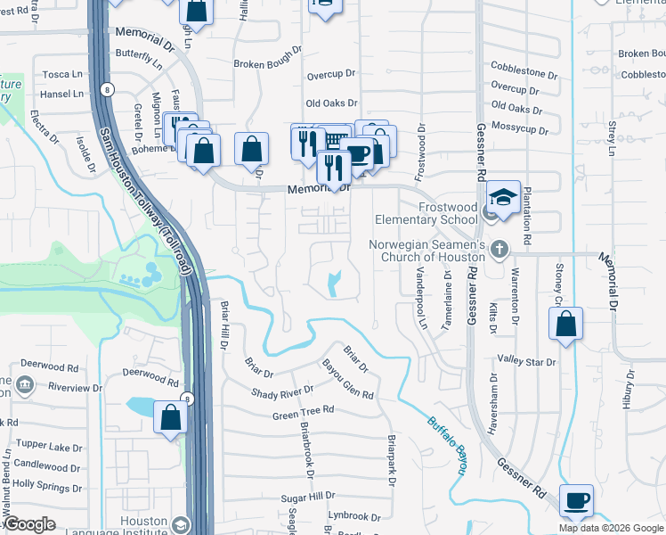 map of restaurants, bars, coffee shops, grocery stores, and more near 61 Litchfield Lane in Houston