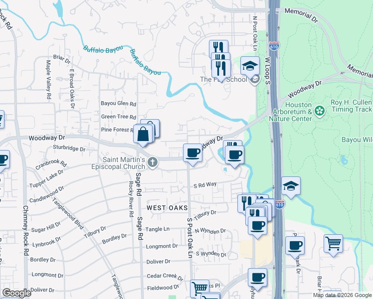 map of restaurants, bars, coffee shops, grocery stores, and more near 29 South Post Oak Lane in Houston