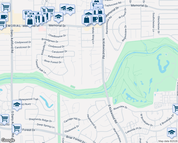 map of restaurants, bars, coffee shops, grocery stores, and more near 425 White Wing Lane in Houston