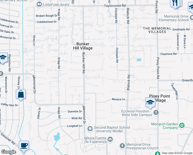 map of restaurants, bars, coffee shops, grocery stores, and more near 11716 Greenbay Drive in Houston