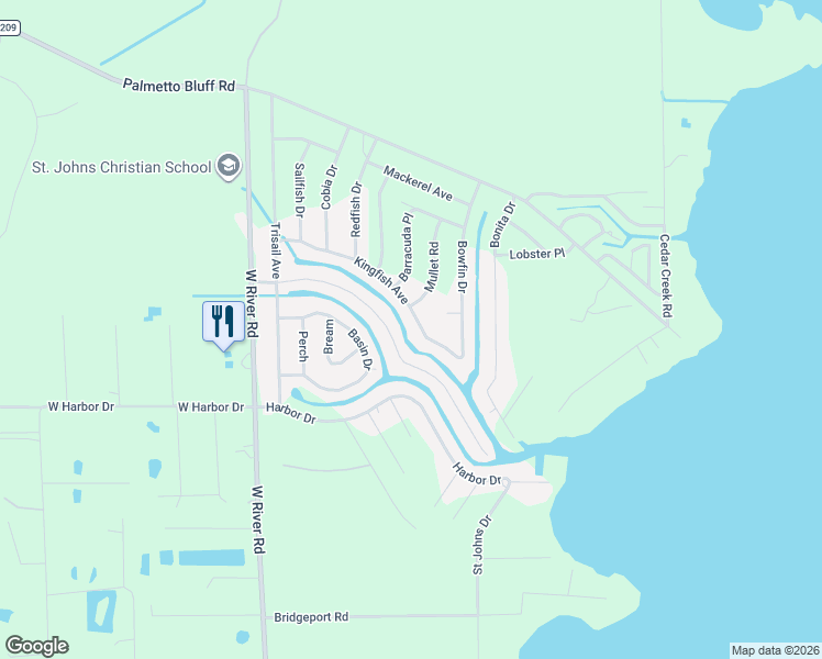 map of restaurants, bars, coffee shops, grocery stores, and more near 147 Kingfish Avenue in Palatka