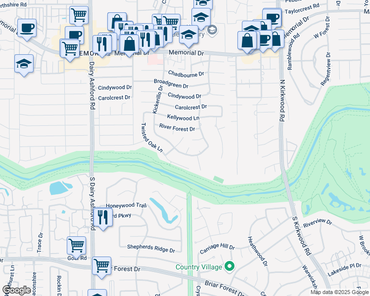 map of restaurants, bars, coffee shops, grocery stores, and more near 418 Kickerillo Court in Houston