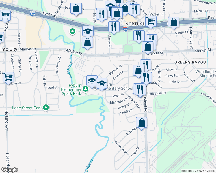 map of restaurants, bars, coffee shops, grocery stores, and more near 12348 Dorwayne Court in Houston