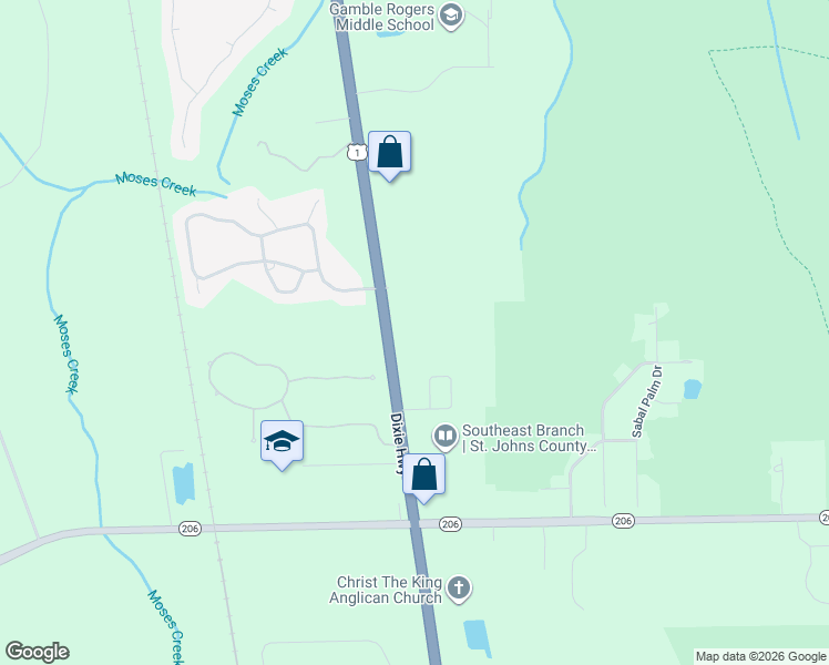 map of restaurants, bars, coffee shops, grocery stores, and more near 6520 Route 1 in St. Augustine