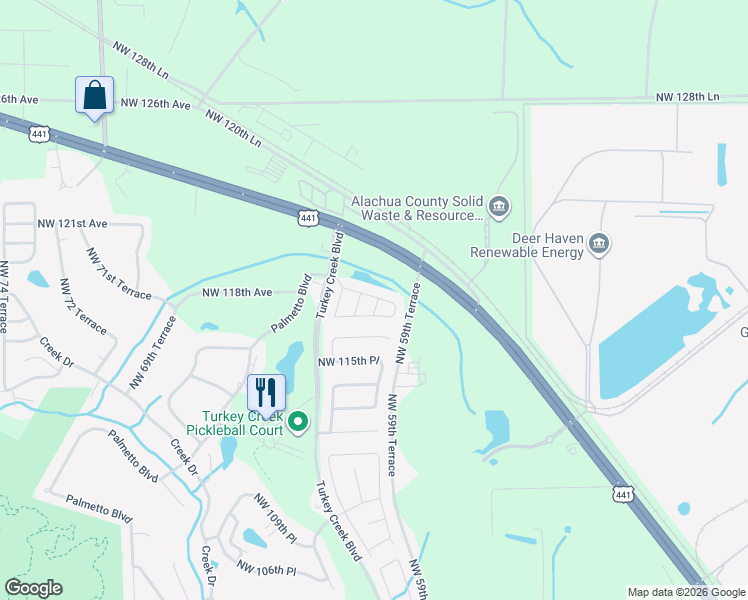 map of restaurants, bars, coffee shops, grocery stores, and more near 11780 Northwest 60 Terrace in Alachua