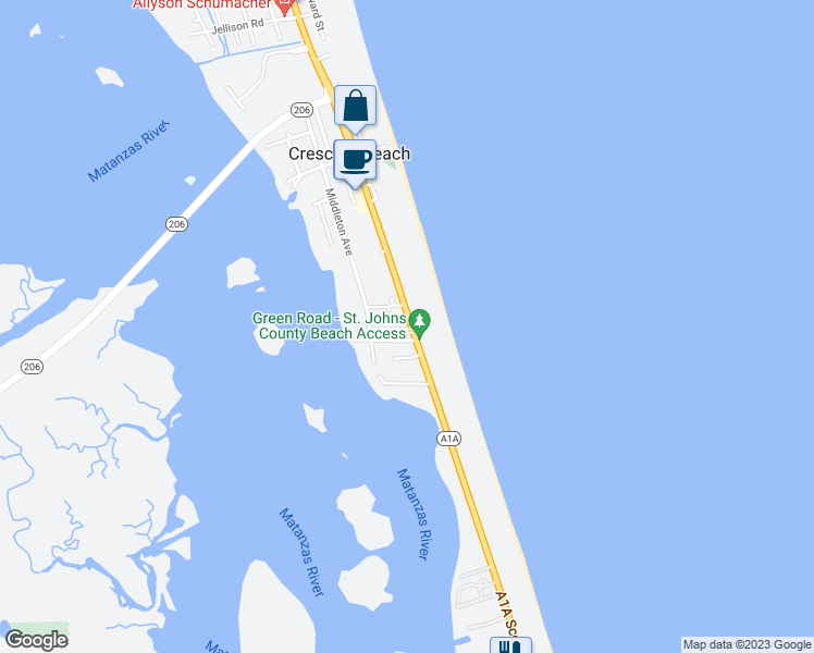 map of restaurants, bars, coffee shops, grocery stores, and more near 7175 Florida A1A in St. Augustine