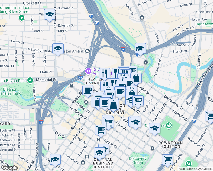 map of restaurants, bars, coffee shops, grocery stores, and more near 419 Louisiana Street in Houston