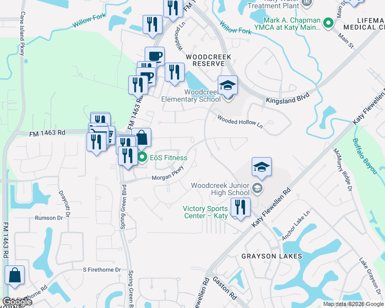 map of restaurants, bars, coffee shops, grocery stores, and more near 26407 Norhill Crossing Lane in Katy