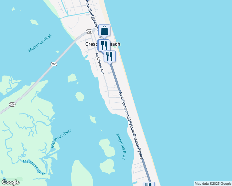 map of restaurants, bars, coffee shops, grocery stores, and more near 7175 Florida A1A in St. Augustine