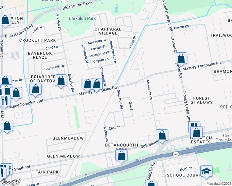 map of restaurants, bars, coffee shops, grocery stores, and more near 3615 Singleton Road in Baytown