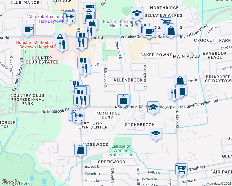 map of restaurants, bars, coffee shops, grocery stores, and more near 811 Edgebrook Drive in Baytown