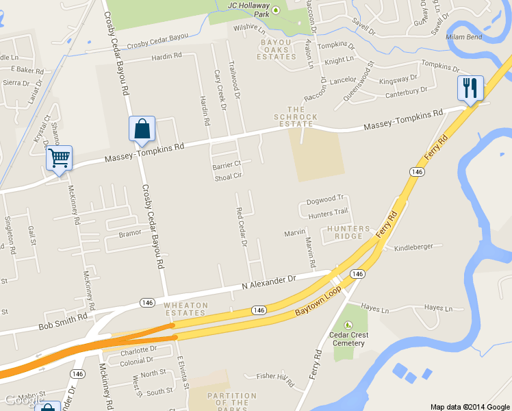 map of restaurants, bars, coffee shops, grocery stores, and more near 3514 Red Cedar Bend in Baytown