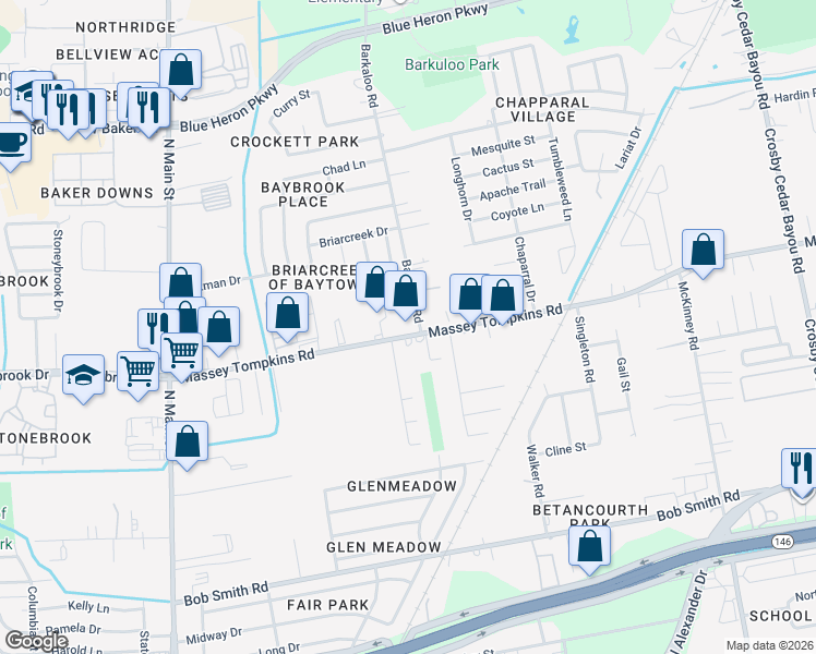 map of restaurants, bars, coffee shops, grocery stores, and more near 911 Massey Tompkins Road in Baytown