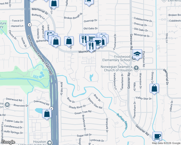 map of restaurants, bars, coffee shops, grocery stores, and more near 59 Litchfield Lane in Houston