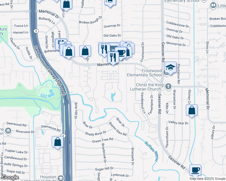 map of restaurants, bars, coffee shops, grocery stores, and more near 51 Litchfield Lane in Houston