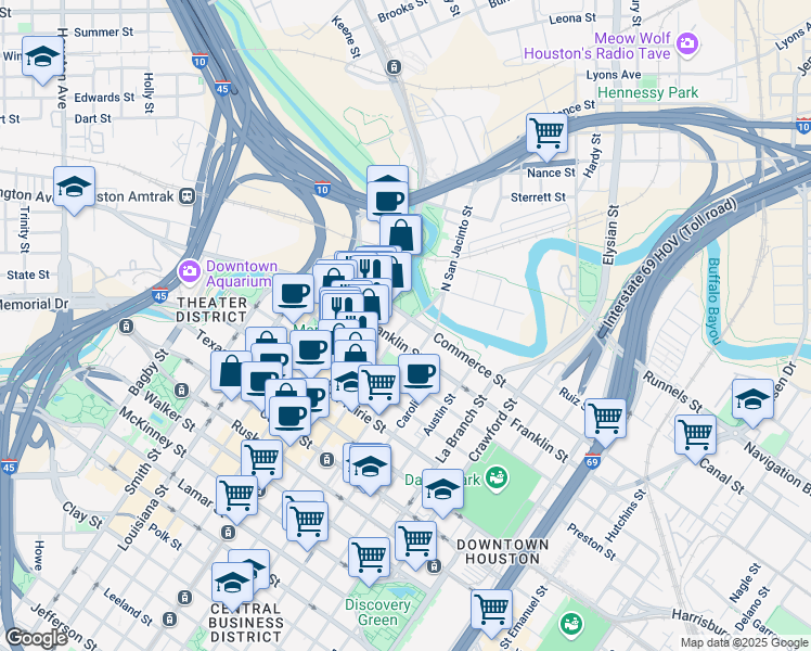map of restaurants, bars, coffee shops, grocery stores, and more near 111 Fannin Street in Houston
