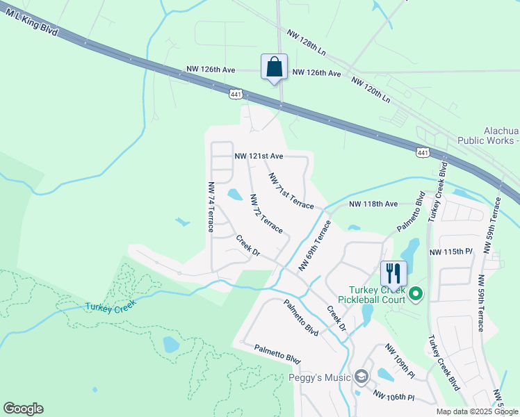 map of restaurants, bars, coffee shops, grocery stores, and more near 11715 Northwest 72 Terrace in Alachua