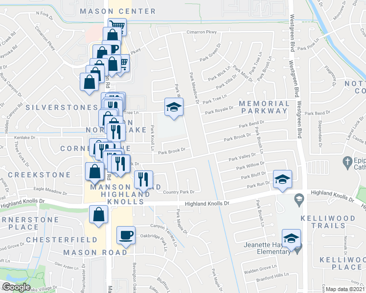 map of restaurants, bars, coffee shops, grocery stores, and more near 21610 Park Brook Drive in Katy