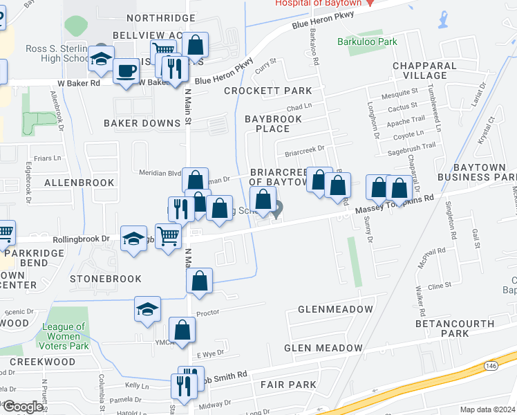 map of restaurants, bars, coffee shops, grocery stores, and more near 605 Massey Tompkins Road in Baytown
