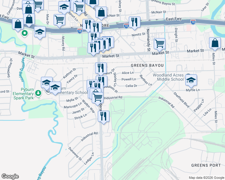 map of restaurants, bars, coffee shops, grocery stores, and more near 12645 Coulson Street in Houston