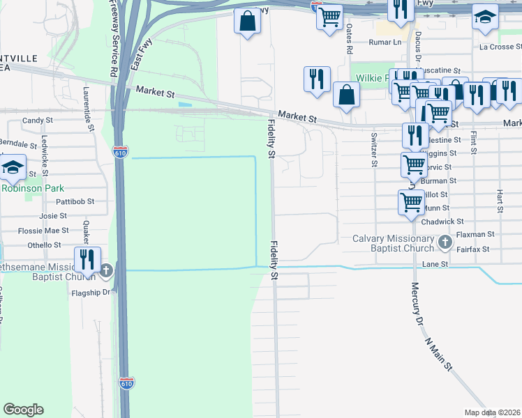 map of restaurants, bars, coffee shops, grocery stores, and more near in Jacinto City