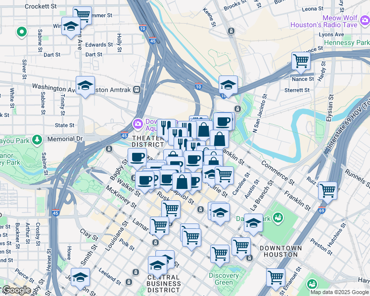 map of restaurants, bars, coffee shops, grocery stores, and more near 419 Louisiana Street in Houston