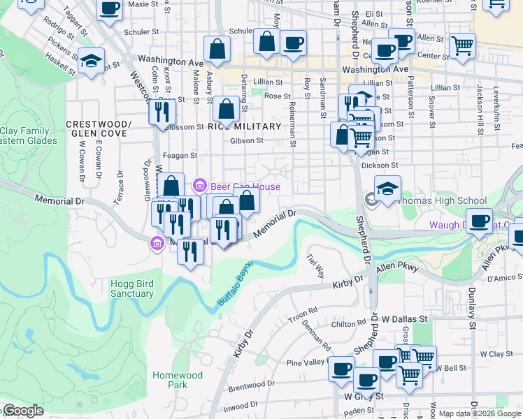 map of restaurants, bars, coffee shops, grocery stores, and more near 100 Detering Street in Houston