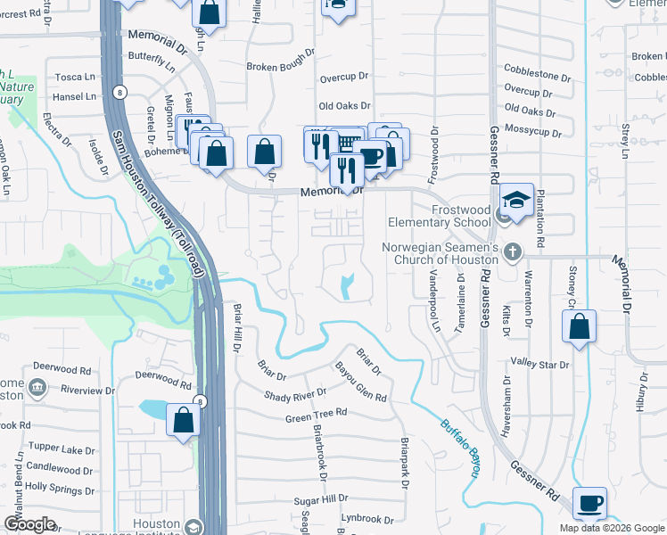 map of restaurants, bars, coffee shops, grocery stores, and more near 59 Litchfield Lane in Houston