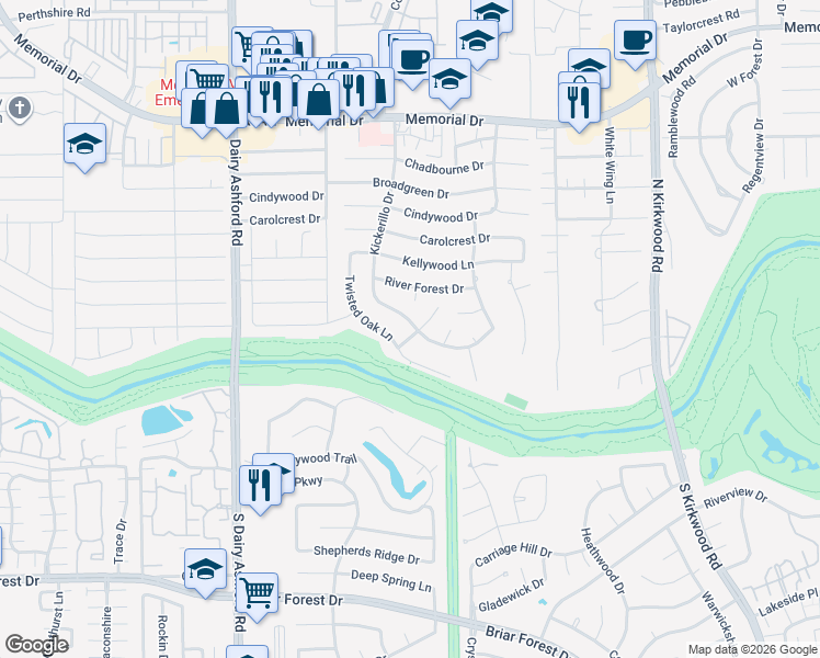 map of restaurants, bars, coffee shops, grocery stores, and more near 14330 Heatherfield Drive in Houston