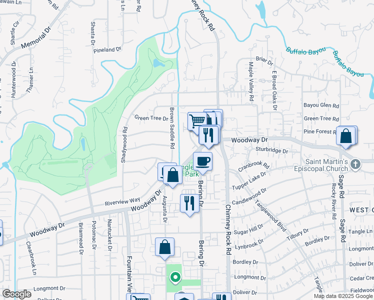 map of restaurants, bars, coffee shops, grocery stores, and more near 5800 Woodway Drive in Houston